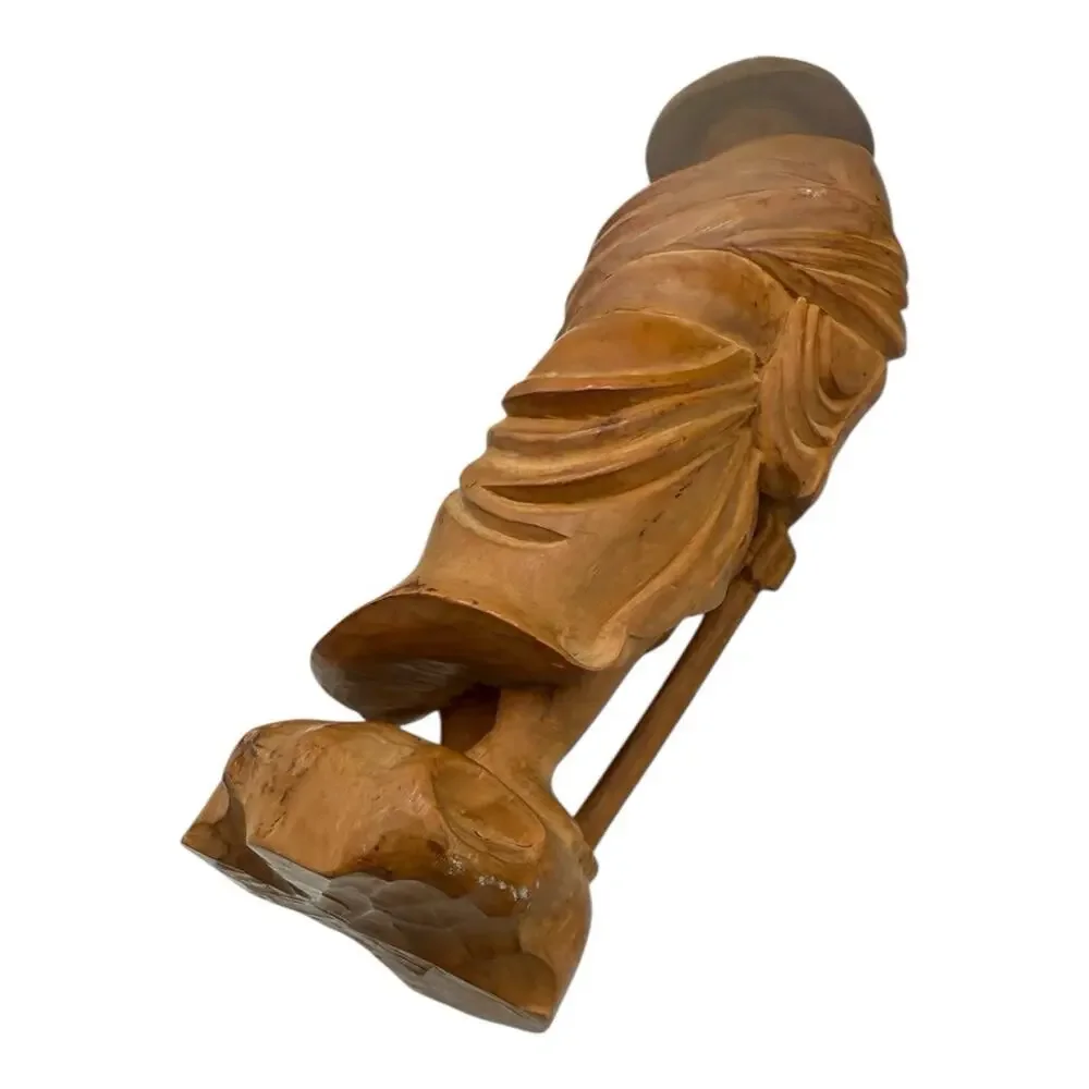 Vtg Hand Carved Wood Chinese Wise Old Man w/walking Stick Statue Figurine 10